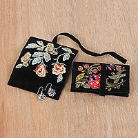 Embroidered Jewellery rolls, 'Enchanted Garden' (pair) - Artisan Made Floral Embroidered Jewellery Rolls (Pair)