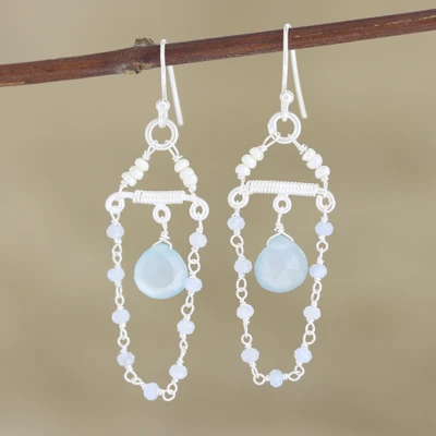 Cultured pearl and chalcedony dangle earrings, Blue Chandelier