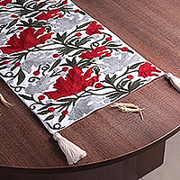 Chain-stitched cotton table runner, 'Beauty of Kashmir' - Hand Woven Cotton Table Runner with Floral Motif