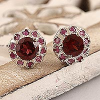 Rhodium-plated ruby and garnet stud earrings, 'True Harmony' - Rhodium-Plated Ruby and Garnet Stud Earrings