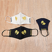 Embroidered cotton face masks, 'Dynamic Gemini' (set of 3) - Embroidered Cotton Gemini-Themed Face Masks (Set of 3)