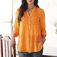 Embroidered tunic, 'Enchanted Garden Marigold' - Embroidered Orange Viscose Button Front Tunic from India