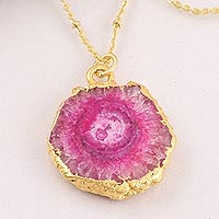 Gold-plated quartz necklace, 'Mystic Power in Pink' - Gold-Plated Pink Solar Quartz Pendant Necklace