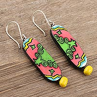 Ceramic dangle earrings, 'Arabesque Appeal' - Hand Painted Ceramic and Sterling Silver Earrings