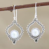 Cultured pearl dangle earrings, 'Blissful Night in White' - Cultured Pearl and Sterling Silver Dangle Earrings