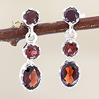 Garnet dangle earrings, 'Weightless in Red' - Garnet and Sterling Silver Dangle Earrings