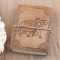Embossed leather journal, 'Stomping Grounds' - Embossed Cotton and Leather Elephant-Motif Journal