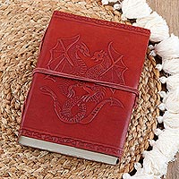 Embossed leather journal, 'Twin Dragons' - Embossed Cotton and Leather Dragon-Motif Journal