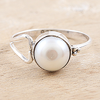 Cultured pearl single stone ring, 'Dreamy Moon' - Handmade Pearl and Sterling Silver Single Stone Ring