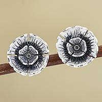 Sterling silver button earrings, 'Pretty Primrose' - Hand Made Sterling Silver Floral Button Earrings