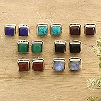 Gemstone stud earrings, 'Black Magic' (set of 7) - Hand Crafted Square Stud Earrings (Set of 7)