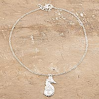 Sterling silver anklet, 'Galloping Sea' - Sterling Silver Seahorse Anklet