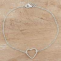Sterling silver anklet, 'Intimate Heart' - Hand Made Sterling Silver Heart Anklet