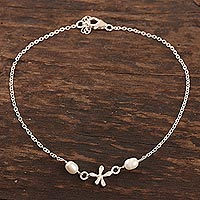 Cultured pearl anklet, 'Dragonfly Over Water' - Cultured Pearl and Sterling Silver Anklet