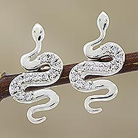 Cubic zirconia drop earrings, 'Snake in the Sun' - Cubic Zirconia and Sterling Silver Snake Earrings
