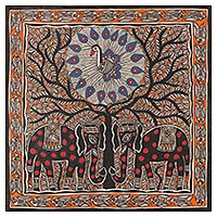 Madhubani painting, 'Together in Heaven' - Madhubani Elephant Painting on Handmade Paper