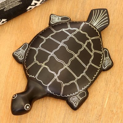 Silver inlay bidri figurine, 'Lazy Swimmer' - Traditional Indian Silver Inlay Bidriware Turtle Figurine