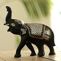 Silver inlay bidri figurine, 'Colonel Elephant' - Traditional Indian Silver Inlay Bidriware Elephant Figurine