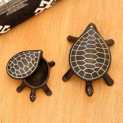 Silver inlay bidri figurines, 'Happy Turtles' (pair) - 2 Traditional Indian Silver Inlay Bidriware Turtle Figurines