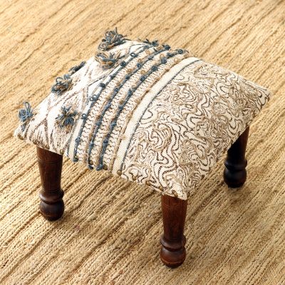 Embroidered cotton ottoman, 'Rustic Fusion' - Hand Embroidered Cotton and Acacia Wood Foot Stool