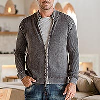 Men's cotton cardigan, 'Charcoal Spark' - Men's Zippered Grey Cotton Sweater