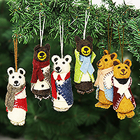 Wool holiday ornaments, 'Cozy Bear Pairs' (set of 6) - Wool and Glass Beaded Holiday Ornaments (Set of 6)