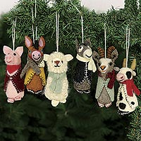 Wool holiday ornaments, Barnyard Bunch (set of 6)