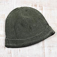 Cotton knit hat, 'Classy Olive' - 100% Cotton Knitted Hat in Dark Artichoke and Stone Washed