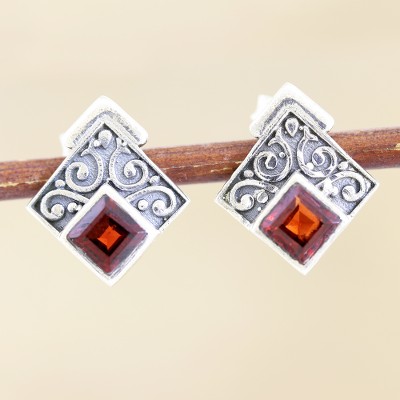 Garnet button earrings, 'Indian Kite' - Hand Made Garnet and Sterling Silver Button Earrings