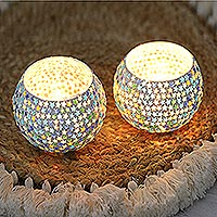 Glass mosaic tealight candleholders, 'Starry Dazzle' (pair) - Glass Star Mosaic Tealight Candleholders (Pair)