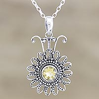 Citrine pendant necklace, 'Floral Games' - Sterling Silver and Citrine Pendant Necklace