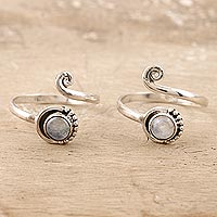 Rainbow moonstone toe rings, 'Gemstone Spiral in Mist' - Rainbow Moonstone and Sterling Silver Toe Rings (Pair)