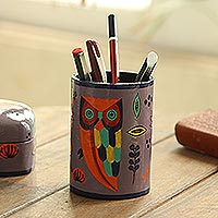 Papier mache pen holder, 'Owl Story in Dusty Lavender' - Hand Painted Papier Mache Pen Holder