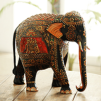 Hand-painted wood sculpture, 'Mughal Luxury' - Hand Painted Neem Wood Elephant Sculpture