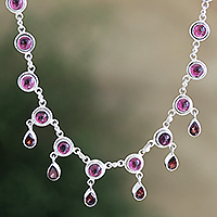 Garnet pendant necklace, 'Cascading Color' - Garnet and Sterling Silver Indian Style Pendant Necklace