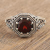 Garnet cocktail ring, 'Secret Beauty' - Sterling Silver and Garnet Cocktail Ring from India