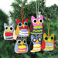 Wool felt ornaments, 'Magical Owls' (set of 6) - Multicolored Felt Owl Ornaments (Set of 6)