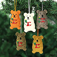 Wool felt ornaments, 'Bearing Gifts' (set of 5) - Wool Felt Bear Ornaments (Set of 5)