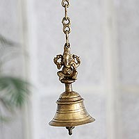 Brass home accent, 'Ganesha's Song' - Hanging Brass Ganesha-Themed Bell from India