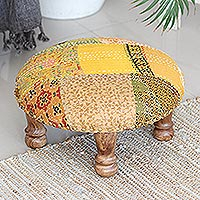 Upholstered ottoman footstool, 'Morning Sunshine' - Hand-Embroidered Ottoman Footstool from India