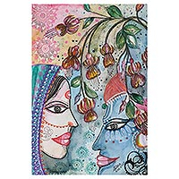'Heavenly Glimpse' - Radha and Krishna Watercolor Painting on Paper