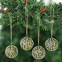 Papier mache ornaments, 'Blossoms of Kashmir in Yellow' (set of 4) - Hand Crafted Papier Mache Holiday Ornaments (Set of 4)