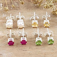 Gemstone stud earrings, 'Facts of Life' (set of 4) - Sterling Silver Gemstone Stud Earrings from India (Set of 4)