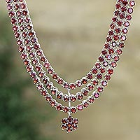 Rhodium-plated garnet pendant necklace, 'Red Queen' - Handmade Rhodium-Plated Garnet Pendant Necklace