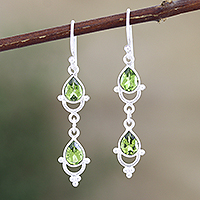 Peridot dangle earrings, 'Gleaming Drops' - Indian Peridot and Sterling Silver Dangle Earrings