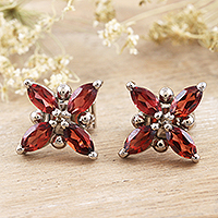 Rhodium-plated garnet button earrings, 'Red Petals' - Rhodium-Plated Garnet Floral-Motif Button Earrings
