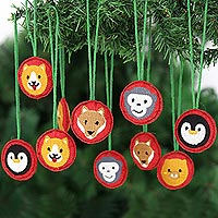 Embroidered wool holiday ornaments, 'Party Animals in Red' (set of 10) - Red Wool Holiday Ornaments from India (Set of 10)