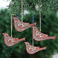 Beaded wood ornaments, 'Birds of Bollywood' (set of 4) - Handcrafted Beaded Bird Ornaments (Set of 4)