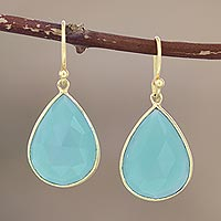 Gold-plated chalcedony dangle earrings, 'Evening Rainfall' - Gold-Plated Chalcedony Dangle Earrings from India
