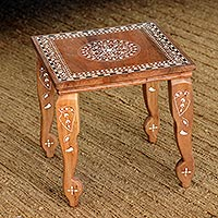 Wood inlay accent table, 'Mandala Map' - Jamun Wood Inlay Accent Table with Mandala Motif